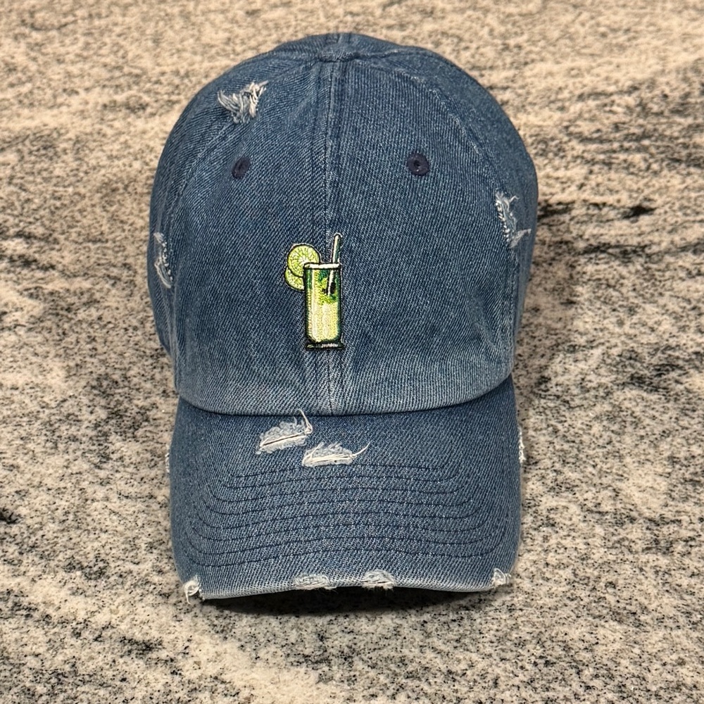New Custom Designed Blue Distressed Baseball Cap with Embroidered Mojito